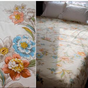 1970s JcPenny’s Cream, Peachy Rust & Blue Floral Print Twin, Fitted, Bed Sheet.